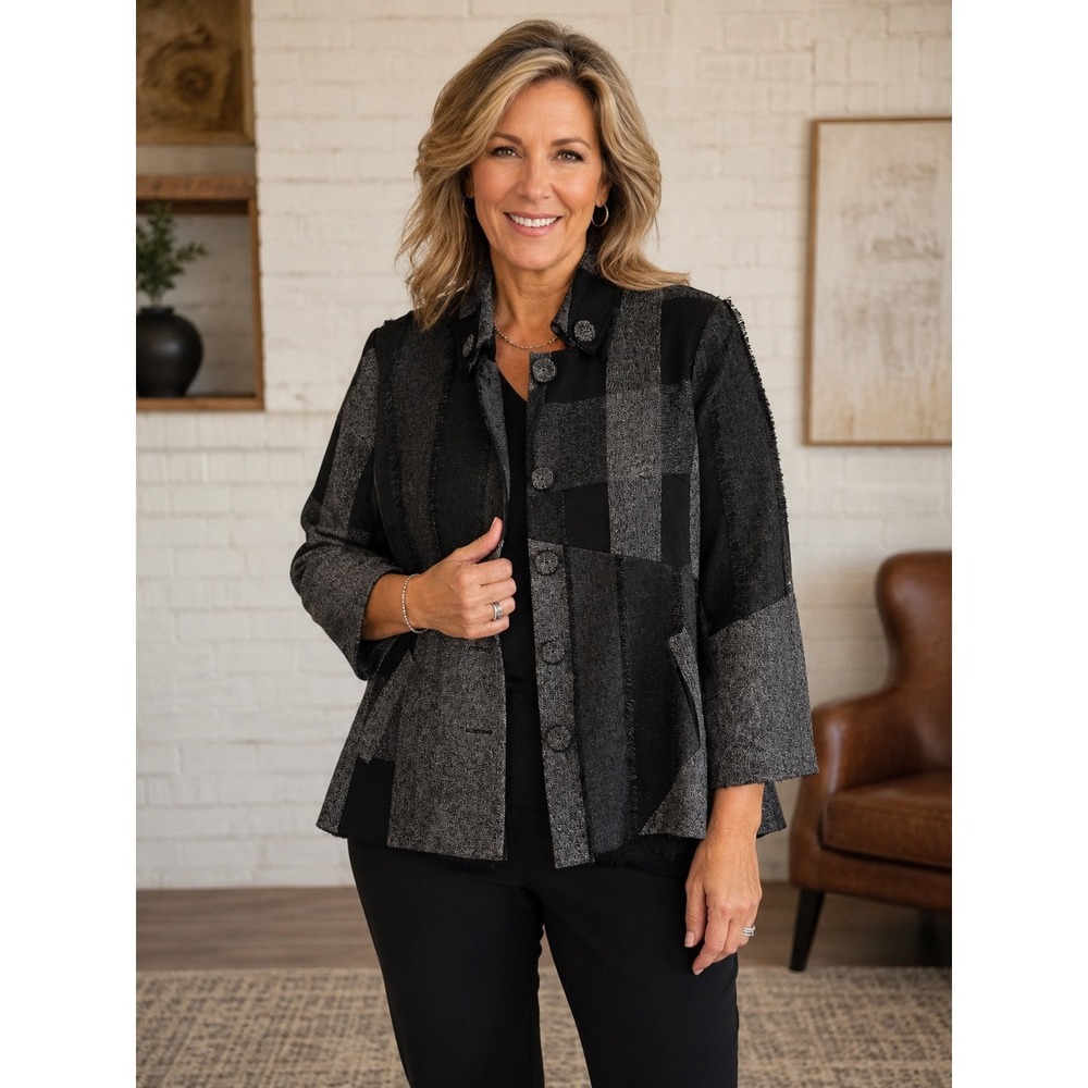 Coldwater Creek Grey Black Patchwork Fringe Button Front Jacket Size 12